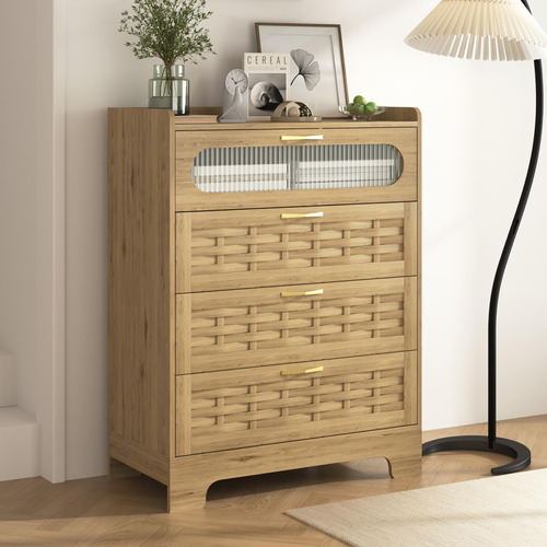 Xdout 4 Drawer Dresser, Modern Rattan Chest With Wide Stora.