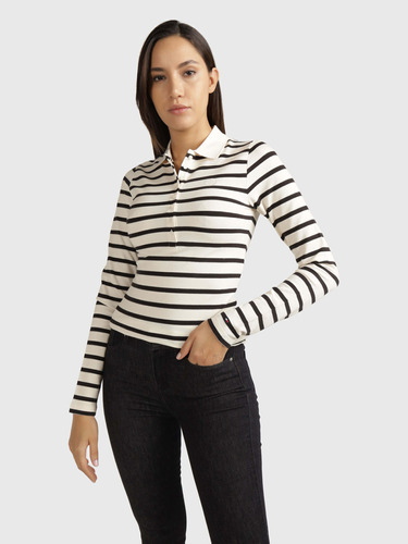 Polo Blanca Manga Larga Raya Negra Slim Tommy Hilfiger Mujer