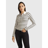 Polo Blanca Manga Larga Raya Negra Slim Tommy Hilfiger Mujer