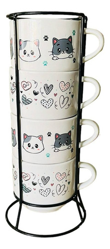 Jogo De 4 Xícaras Café Chá Porcelana Com Suporte Caneca Pets