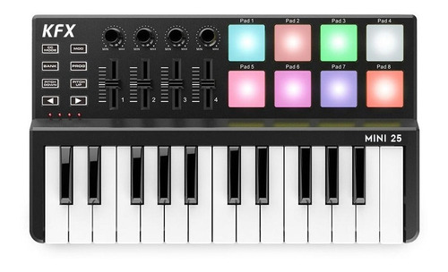 Kfx Mini 25 Teclado Controlador Midi Usb Teclas Pads Knobs