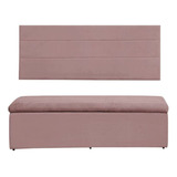 Cabeceira E Calçadeira Baú 138 Cm Helena Suede Rosa