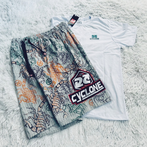 Kit Bermuda Da Cyclone Veludo Cinza Chave+ Camiseta Setas