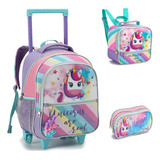 Kit Mochila Escolar Infantil Menina Unicornio Com Rodinhas