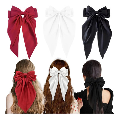 3 Moños Para Cabello Lazos Grandes Elegantes Accesorios Niña Rojo Vino Negro Blanco