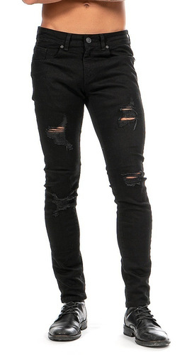 Jeans Mezclilla Stretch Negro Demolición Hombre