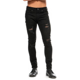 Jeans Mezclilla Stretch Negro Demolición Hombre