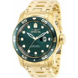 Reloj Invicta Pro Diver Quartz Oro De Esfera Verde 39088 Correa Dorado Bisel Amarillo