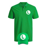 Camiseta Tipo Polo Luigi Obsequio Gorra Serie Mario Bros