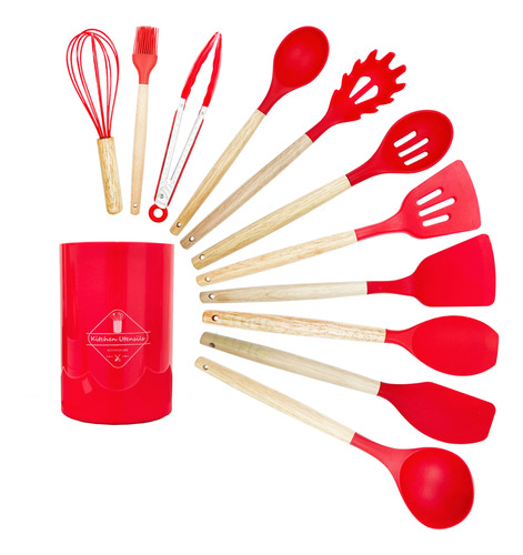 Kit 12 Utensílios De Cozinha Em Silicone E Cabo De Madeira 