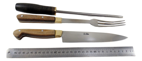 Set  Parrillero Artesanal Cuchillo Tenedor Y Chaira 27 Cm