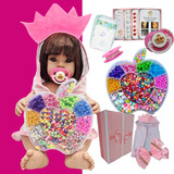 Boneca Bebê Reborn Menina Silicone + Kit Miçangas Completo