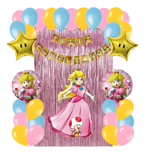 Set Decoración Globos Princesa Peach Super Mario Cumpleaños