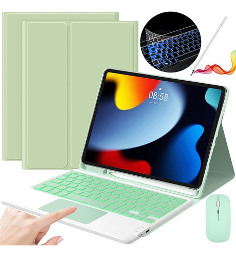 Funda Teclado Mouse Lapiz P/iPad 9ª/8/7 Gen 10.2 Verde Claro