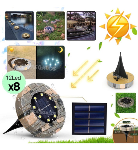 X8 Farol Estaca Con Panel Solar Recargable 12led Símil Piedr