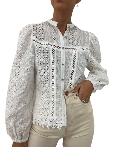 Camisa Importada Mujer Bordada Broderie Strass Romántica 