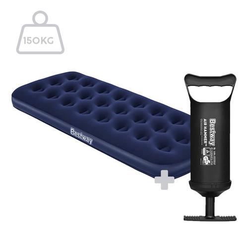 Colchão Inflável Solteiro Camping 150kg + Bomba Ar Bestway Cor Azul