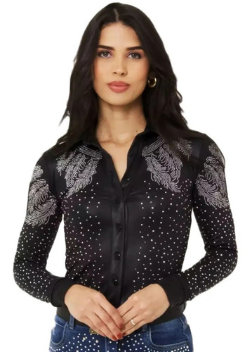 Body Camisa Country Feminino Manga Longa Com Strass Rodeio