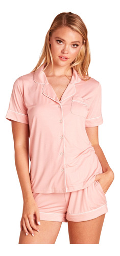 Pijama Feminino Americano Algodão Premium Bolso E Botão Rosa