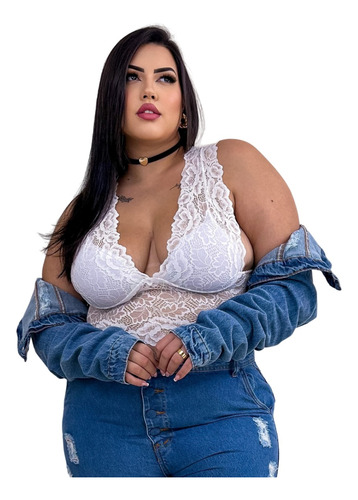 Cropped De Renda Plus Size Com Bojo Alça Larga Top Rendado