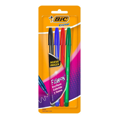 Bolígrafo Bic Cristal Fashion Colores Vivos Punto Grueso 1.2mm 4 Pz Tinta Básicos Exterior Básicos