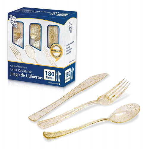 180 Cubiertos Desechables Elegantes Transparente Glitter Oro