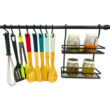 Set Cocina Especiero Negro Con 8 Ganchos Y Barral 60 Cm