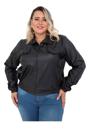 Jaqueta Feminina De Couro Eco Plus Size Gola Tradicional