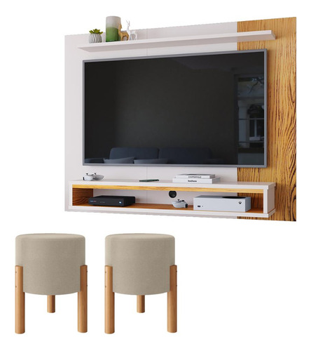 Painel Nicho Tv 48 Pol Kit 2 Puff Estafado Multiuso Sala Cor Off White/nature | Bege