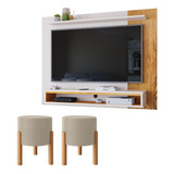 Painel Nicho Tv 48 Pol Kit 2 Puff Estafado Multiuso Sala Cor Off White/nature | Bege