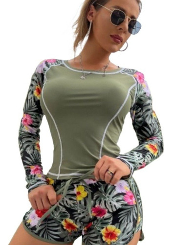 Traje De Baño Dama 2 Piezas Tankini Top Manga Shorts Larga