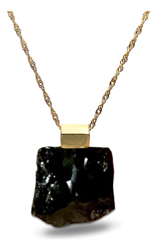 Colar Deusa Obsidiana Negra Banho Ouro 18k Corrente 60cm