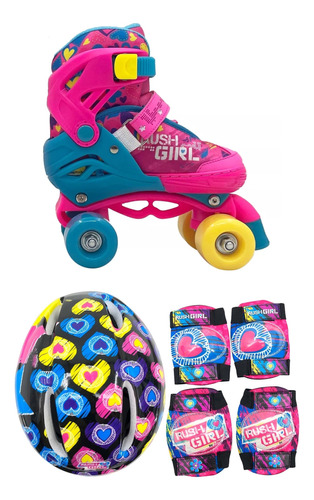 Patines 4 Ruedas Rush Girl Ajustable T 30-33 + Protecciones