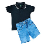 Kit Camisa Polo + Bermuda Jeans Masculino Infantil 1 E 2