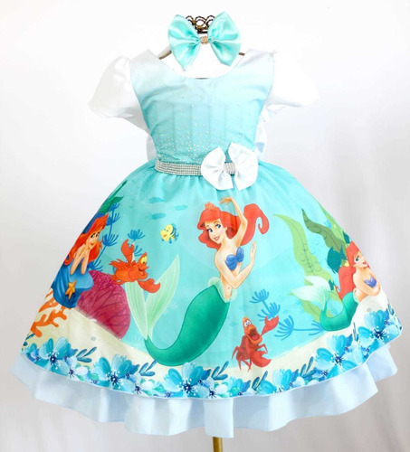 Vestido Infantil Fantasia Sereia Ariel Fundo Do Mar + Tiara