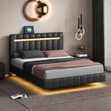 Cama Flotante Queen Size Con Luces Led Y Soporte De Madera S