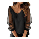 Blusa K Tops De Malla Con Cuello En V Y Manga Larga Estampad