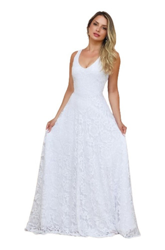 Vestido Branco Longo De Renda Rodado Casamento Civil 