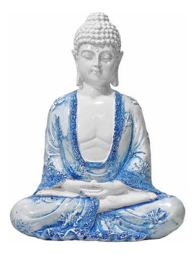 Buda Hindu Tibetano Imagem Estátua Enfeite Branca Azul 22cm