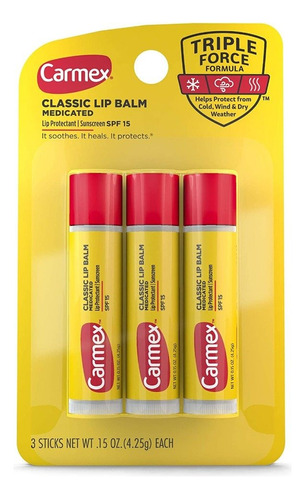 Carmex Pack X3 En Barra Balsamo Labial Sabor Original Usa