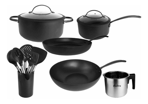 Set 11 Pz Hudson Total Black Olla Cacerola Wok Utensilio Bz3