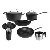 Set 11 Pz Hudson Total Black Olla Cacerola Wok Utensilio Bz3