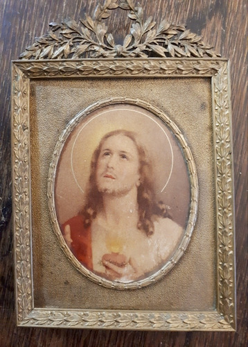 Antigua Imagen De Jesús Enmarcada En Petit Bronce