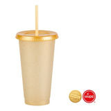 10 Vasos Reusables Con Popote Para Cafe Frio 24 Oz Color Dorado Glitter Translucido