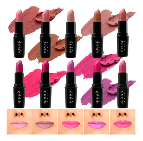 Labiales Mate Bissú 10 Tonos Cafés Rosas