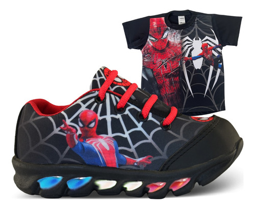 Kit Tenis Infantil De Led Homem Aranha + Camisa Novo