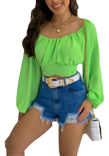 Blusa Crop Top Campesina Dama Casual Hombros Descubiertos