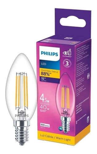 Foco Vela Led Philips 4.5 Watts Base E12 Luz Blanca Calida