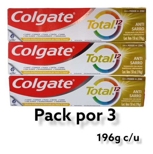 Pack X 3 Pasta Dental Colgate Total 12 Anti-sarro 196g