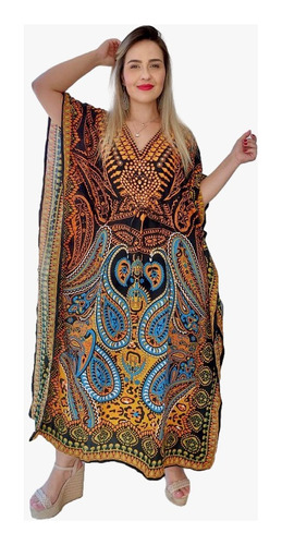 Vestido Kaftan Indiano Longo Estampado Plus Size - Cod. 0206